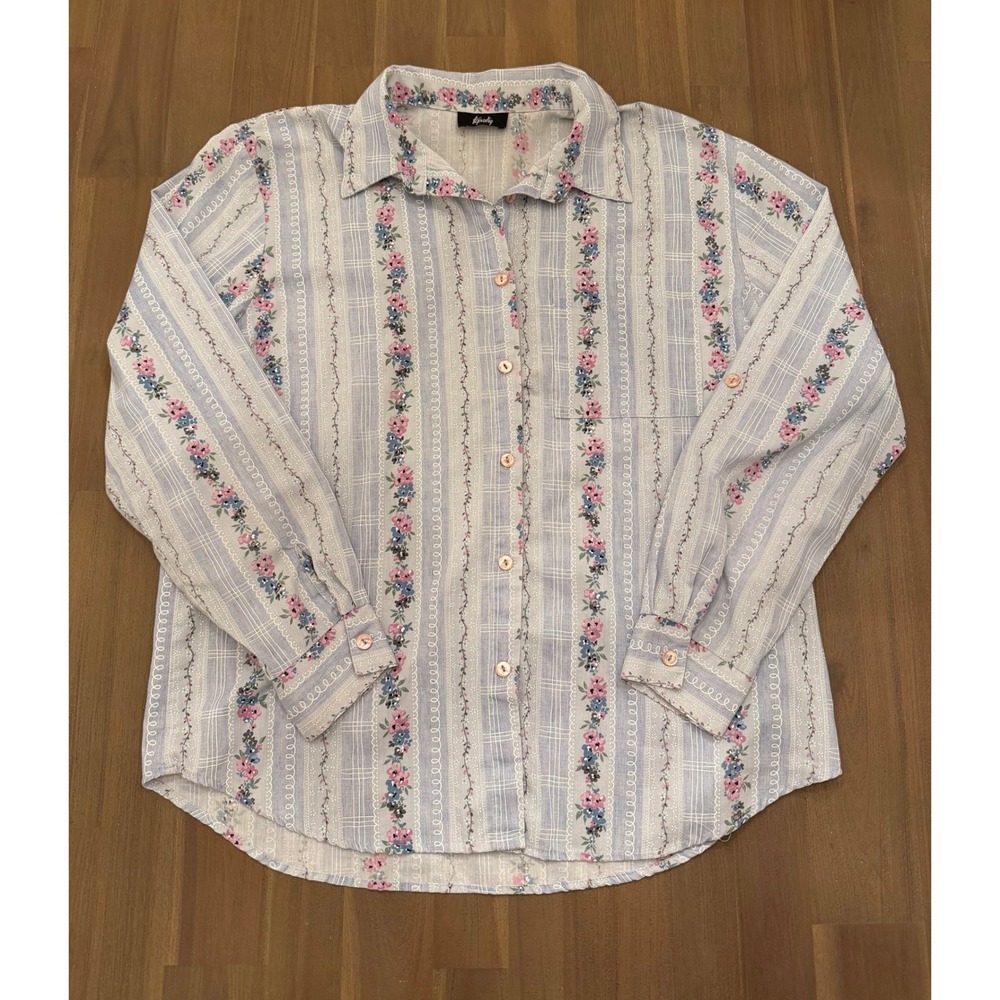 Tapestry Womens Floral Stripe Button Down‎ Shirt Blue Pink L/S Vintage Style